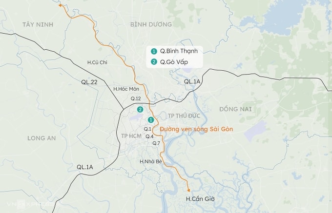 Hướng tuyến đường ven sông từ Củ Chi tới Cần Giờ được đề xuất trước đây. Đồ họa: Khánh Hoàng