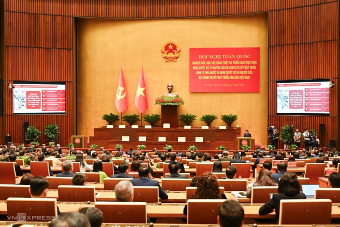 Đại biểu dự hội nghị quán triệt Nghị quyết 79 và 80 tại điểm cầu hội trường Diên Hồng, Nhà Quốc hội, sáng 25/2. Ảnh: Giang Huy