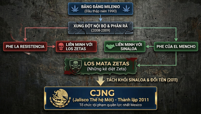 Sơ đồ thể hiện nguồn gốc của băng đảng CJNG. Ảnh: Gemini