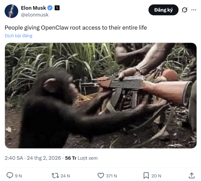Elon Musk đăng ảnh chế, đề cập đến OpenClaw trên X. Ảnh: X/Elon Musk