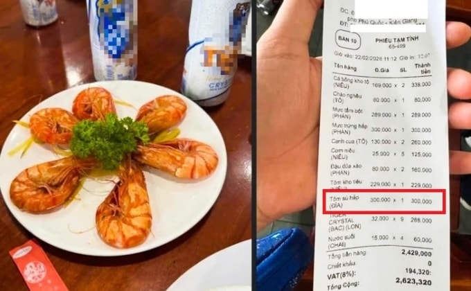 Đĩa tôm sú 6 con giá 300.000 đồng gây tranh cãi ở Phú Quốc. Ảnh: Facebook nhân vật