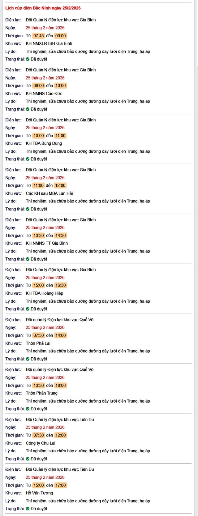 Tra cứu lịch cắt điện Bắc Ninh hôm nay Thứ 4 ngày 25/2/2026- Ảnh 1. Tra cứu lịch cắt điện Bắc Ninh hôm nay Thứ 4 ngày 25/2/2026- Ảnh 1.