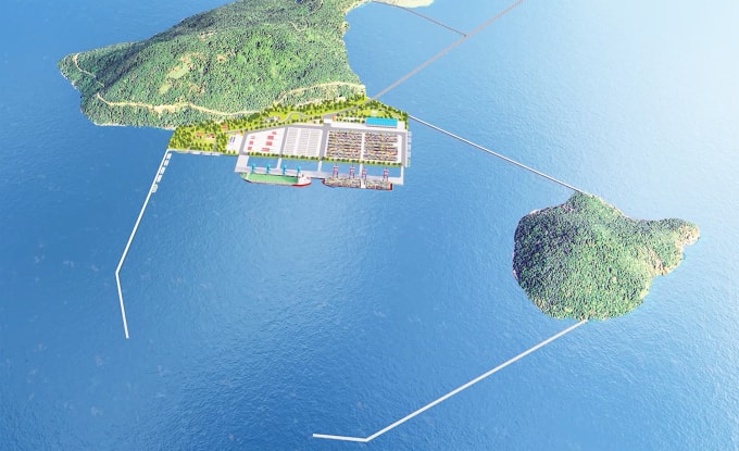 Phối cảnh cảng tổng hợp lưỡng dụng Hòn Khoai cách đất liền khoảng 17 km. Ảnh: Bộ Quốc phòng