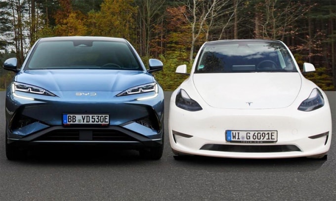 BYD Sealion 7 và Tesla Molde Y tại châu Âu. Ảnh: Tuningblog