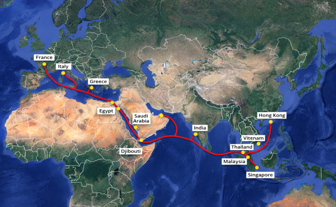 Tuyến cáp quang biển AAE1 trải dài 25.000 km, kết nối châu Á, Trung Đông, châu Phi và châu Âu. Ảnh: NEC