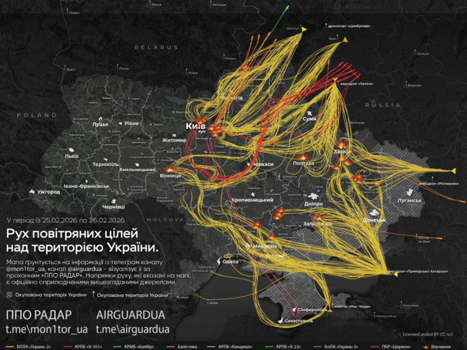 Đường bay của tên lửa, UAV Nga trong cuộc tập kích đêm 25, sáng 26/2. Ảnh: X/andrii_sybiha