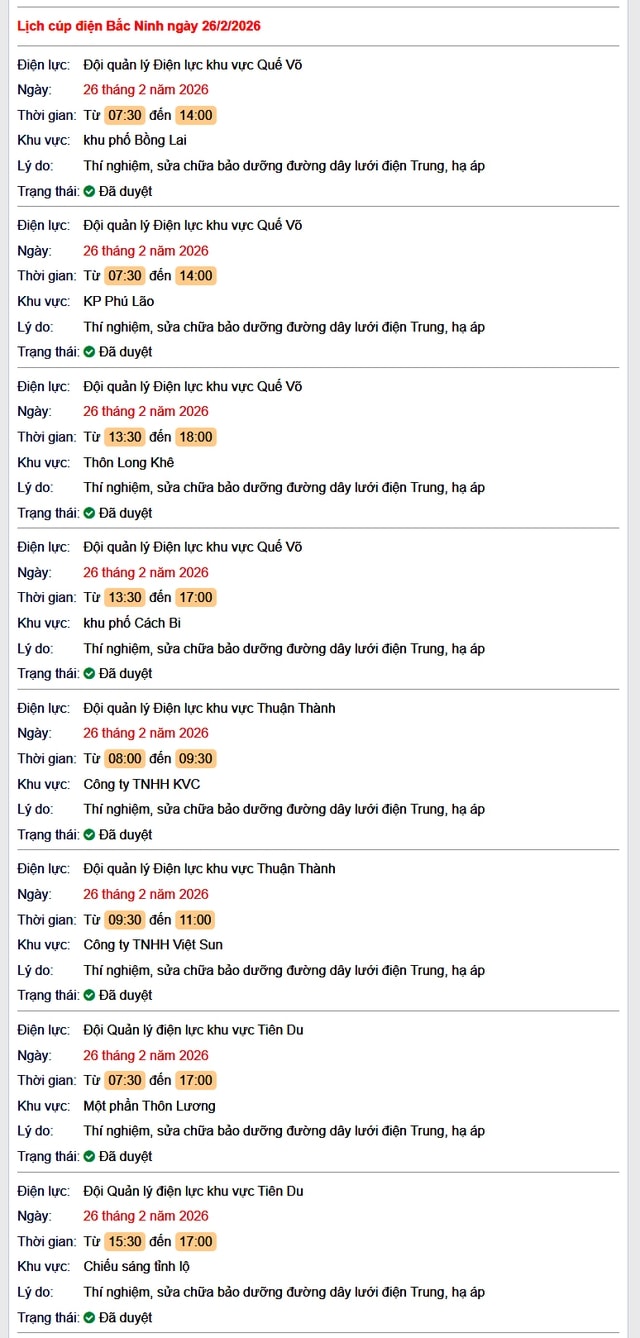 Tra cứu lịch cắt điện Bắc Ninh hôm nay Thứ 5 ngày 26/2/2026- Ảnh 1. Tra cứu lịch cắt điện Bắc Ninh hôm nay Thứ 5 ngày 26/2/2026- Ảnh 1.