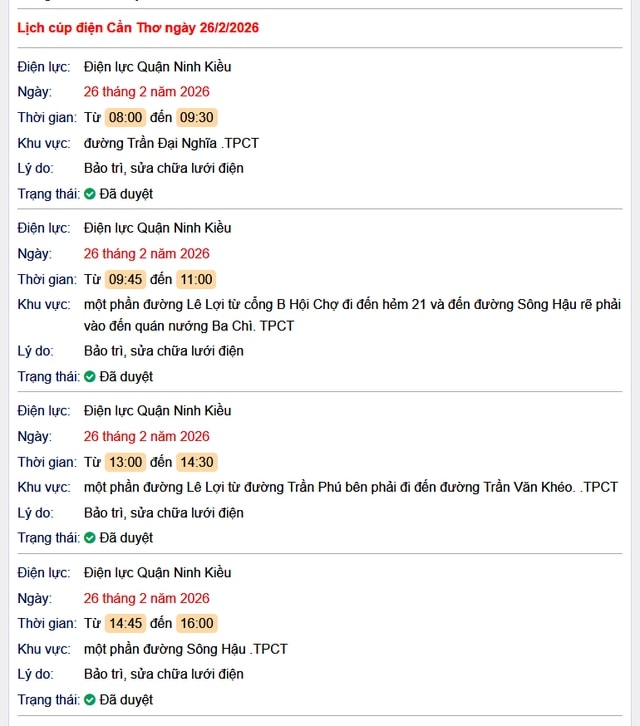 Tra cứu lịch cúp điện Cần Thơ hôm nay Thứ 5 ngày 26/2/2026- Ảnh 1. Tra cứu lịch cúp điện Cần Thơ hôm nay Thứ 5 ngày 26/2/2026- Ảnh 1.
