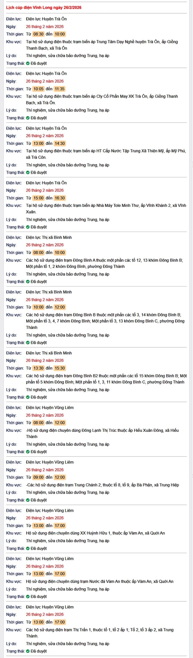 Tra cứu lịch cúp điện Vĩnh Long hôm nay Thứ 5 ngày 26/2/2026- Ảnh 1. Tra cứu lịch cúp điện Vĩnh Long hôm nay Thứ 5 ngày 26/2/2026- Ảnh 1.
