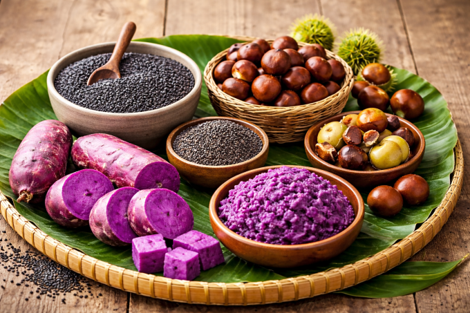 Mè đen, hạt dẻ và khoai mỡ là những thực phẩm bổ dưỡng cho gan, thận mỗi khi trời chuyển lạnh. Ảnh được tạo bằng AI