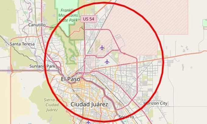 Khu vực bị đóng không phận ở trên thành phố El Paso, bang Texas, Mỹ ngày 10/2. Đồ họa: FAA