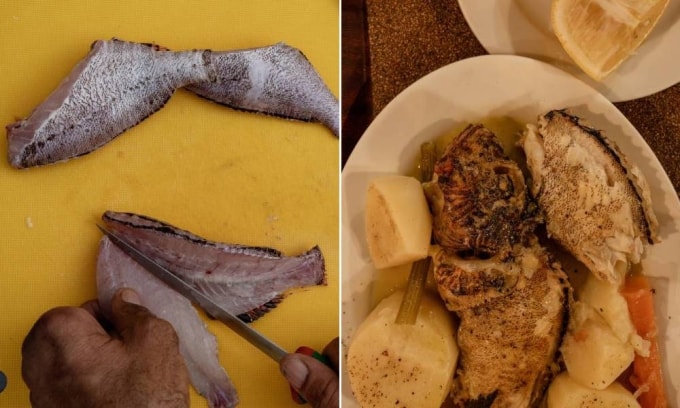 Một thợ lặn mổ cá sư tử để chế biến (trái) và món súp cá Elafonisos truyền thống nấu với cá sư tử (phải). Ảnh: Washington Post