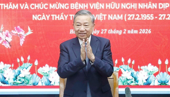 Tổng Bí thư Tô Lâm phát biểu khi đến thăm Bệnh viện Hữu Nghị chiều 27/2. Ảnh: TTXVN