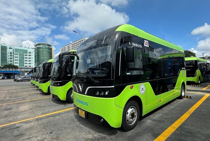Dàn xe buýt điện mới đưa vào khai thác. Ảnh: Giang Anh
