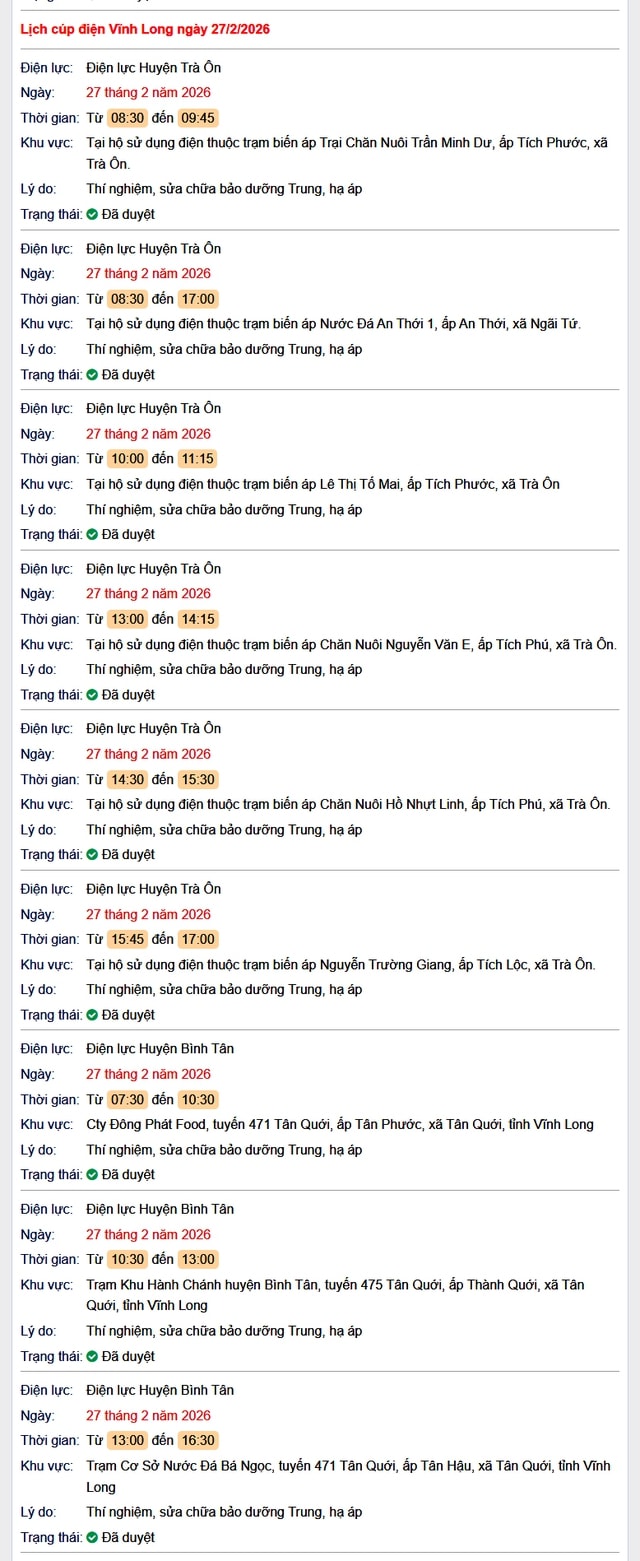 Tra cứu lịch cúp điện Vĩnh Long hôm nay Thứ 6 ngày 27/2/2026- Ảnh 1.