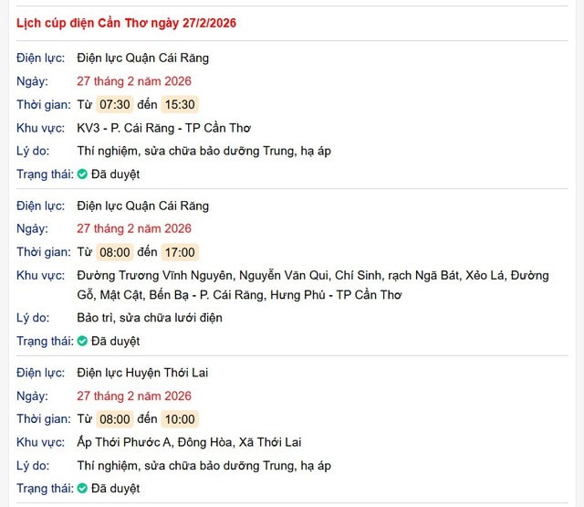 Tra cứu lịch cúp điện Cần Thơ hôm nay Thứ 6 ngày 27/2/2026- Ảnh 1.
