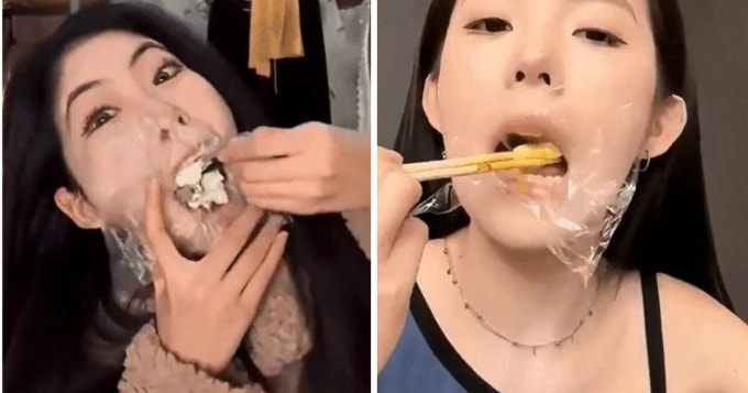 Một cô gái ăn qua màng bọc thực phẩm. Ảnh: India Times