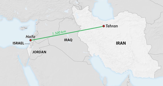 Vị trí thành phố Haifa, Israel và thủ đô Tehran của Iran. Đồ họa: CNN