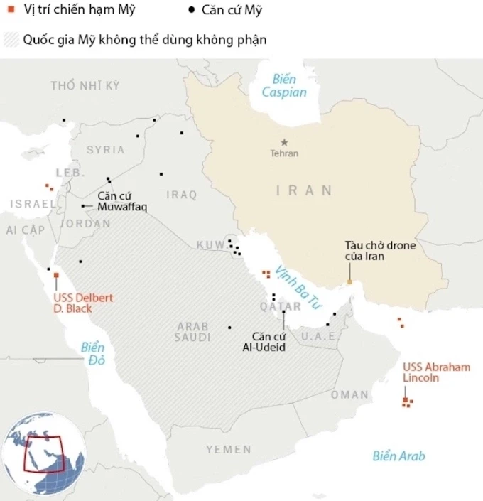Vị trí các chiến hạm và căn cứ Mỹ ở Trung Đông. Đồ họa: Washington Post
