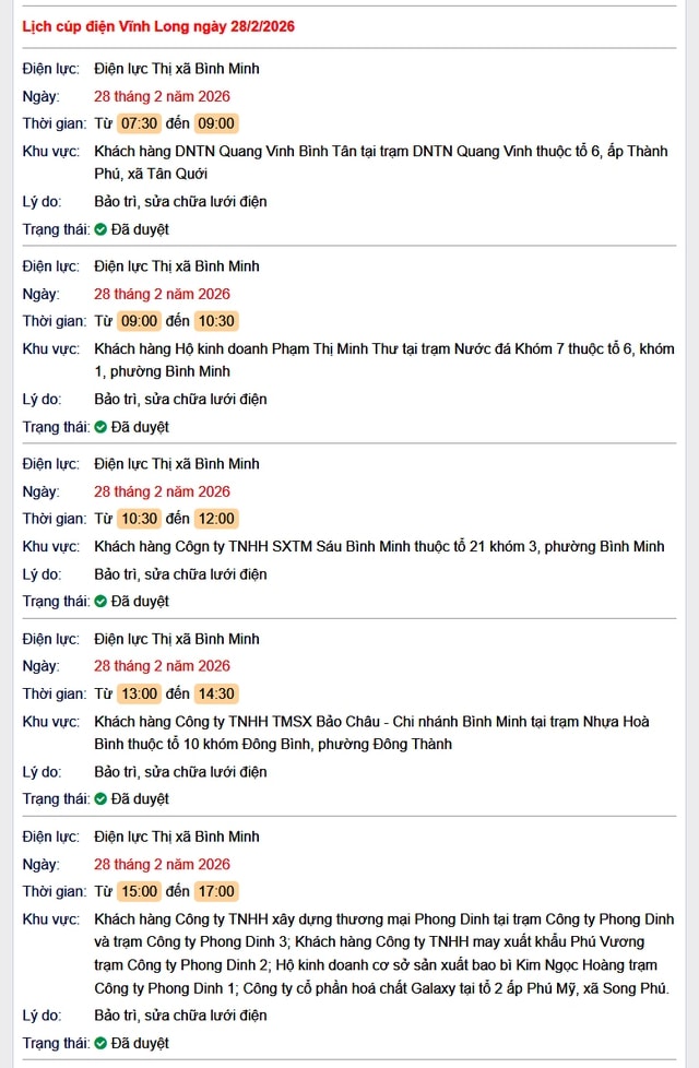 Tra cứu lịch cúp điện Vĩnh Long hôm nay Thứ 7 ngày 28/2/2026- Ảnh 1.