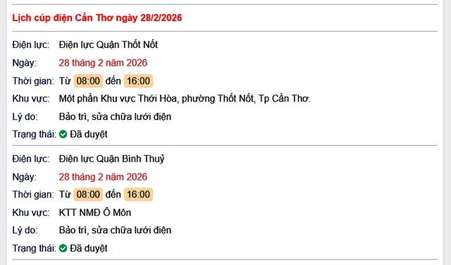 Tra cứu lịch cúp điện Cần Thơ hôm nay Thứ 7 ngày 28/2/2026- Ảnh 1.
