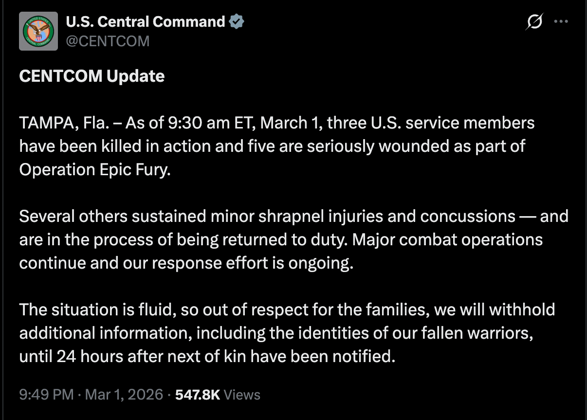 Bộ Tư lệnh Trung tâm Mỹ đưa ra thông báo trên mạng xã hội ngày Chủ nhật. (Nguồn: X)