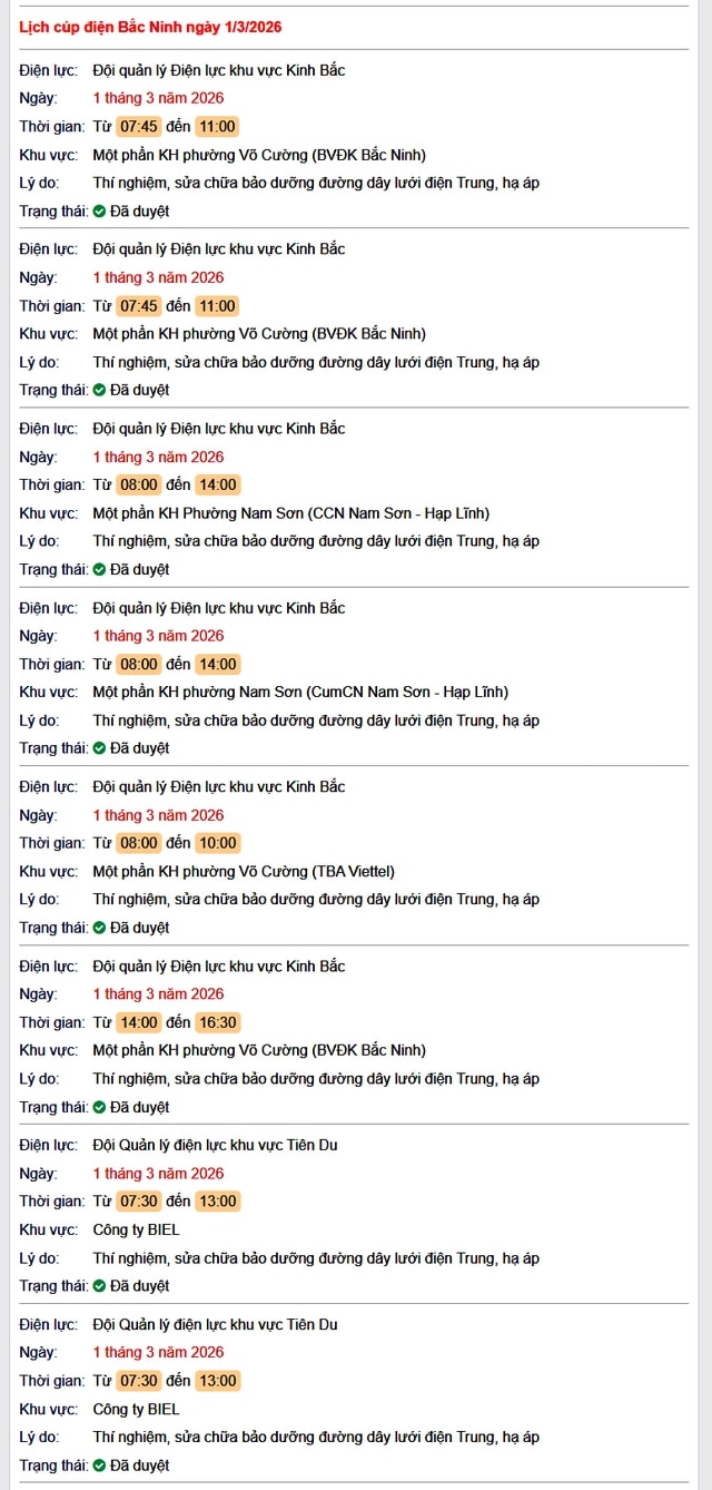 Tra cứu lịch cắt điện Bắc Ninh hôm nay Chủ Nhật ngày 1/3/2026- Ảnh 1.