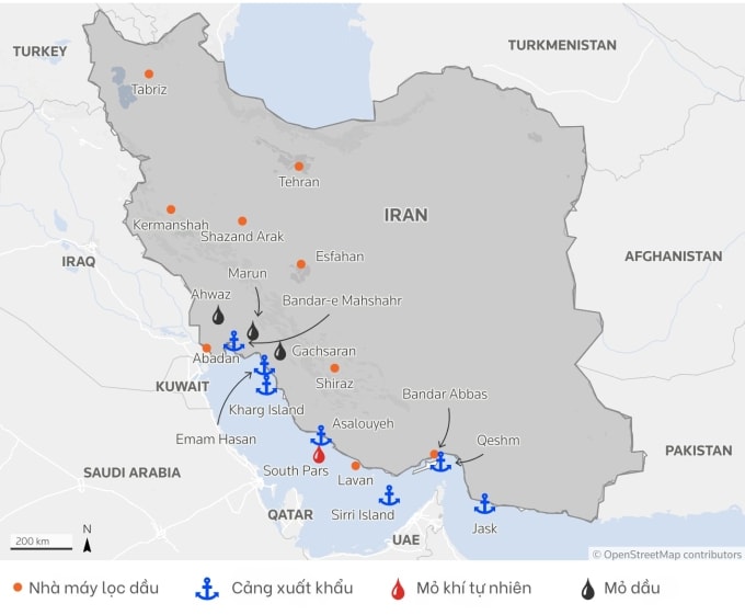 Cơ sở hạ tầng năng lượng và các điểm khai thác chính tại Iran. Đồ thị: LSEG, Reuters