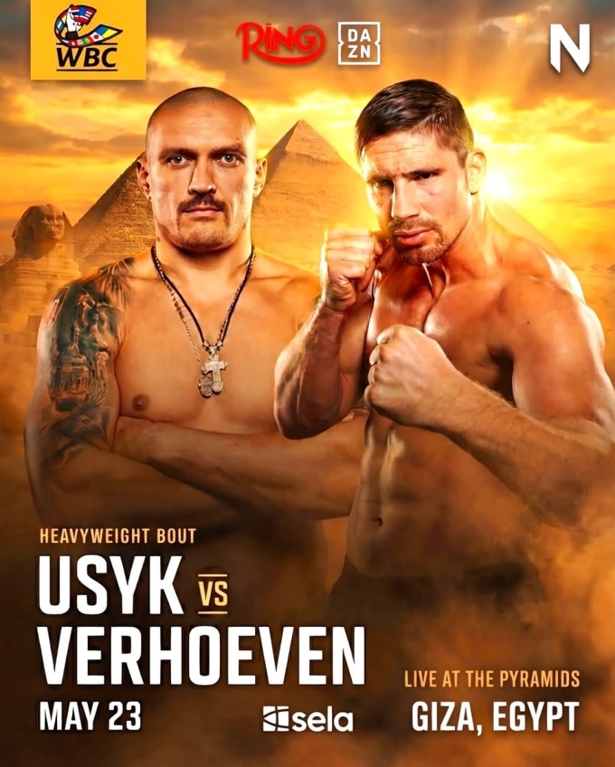 Oleksandr Usyk sẽ bảo vệ đai WBC hạng nặng trước Rico Verhoeven tại quần thể Kim tự tháp Giza ngày 23/5.