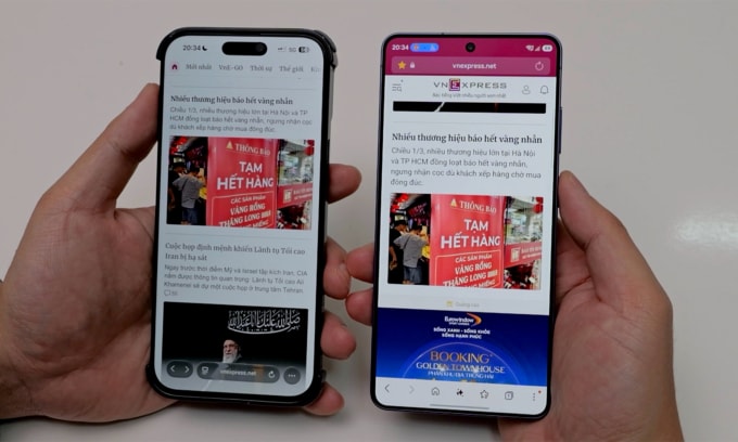 Galaxy S26 Ultra (bên phải) khi bật tính năng Privacy Display và iPhone 17 Pro Max dán miếng dán chống nhìn trộm. Ảnh: Hoàng Sơn