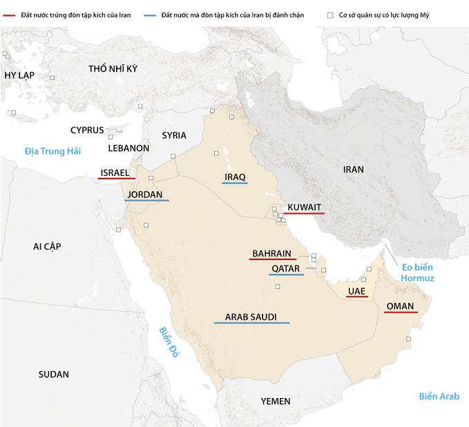 Các nước Trung Đông bị ảnh hưởng trong đòn đáp trả của Iran. Đồ họa: CNN