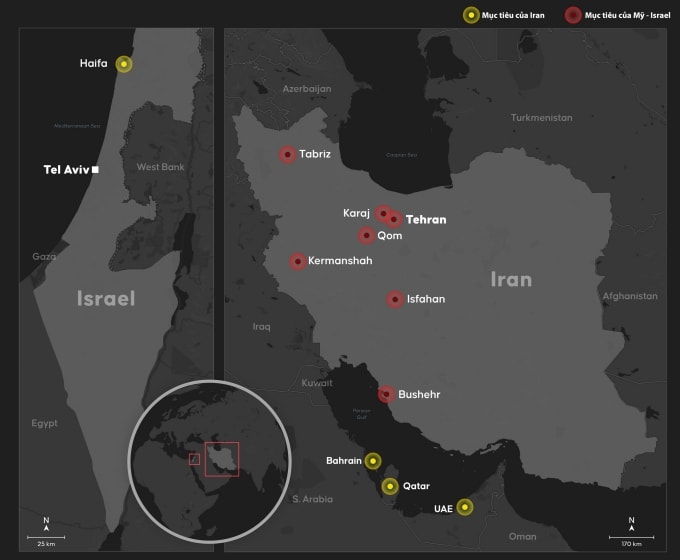 Những mục tiêu hứng tên lửa khi Mỹ, Israel tập kích Iran hôm 28/2. Đồ họa: Anadolu Agency