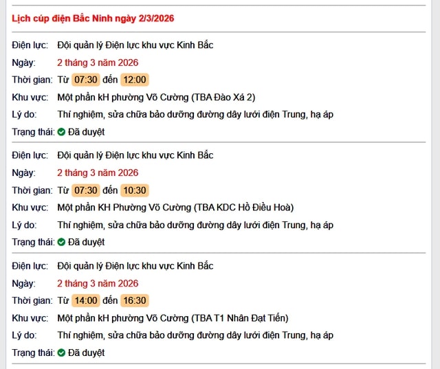 Tra cứu lịch cắt điện Bắc Ninh hôm nay Thứ 2 ngày 2/3/2026- Ảnh 1.
