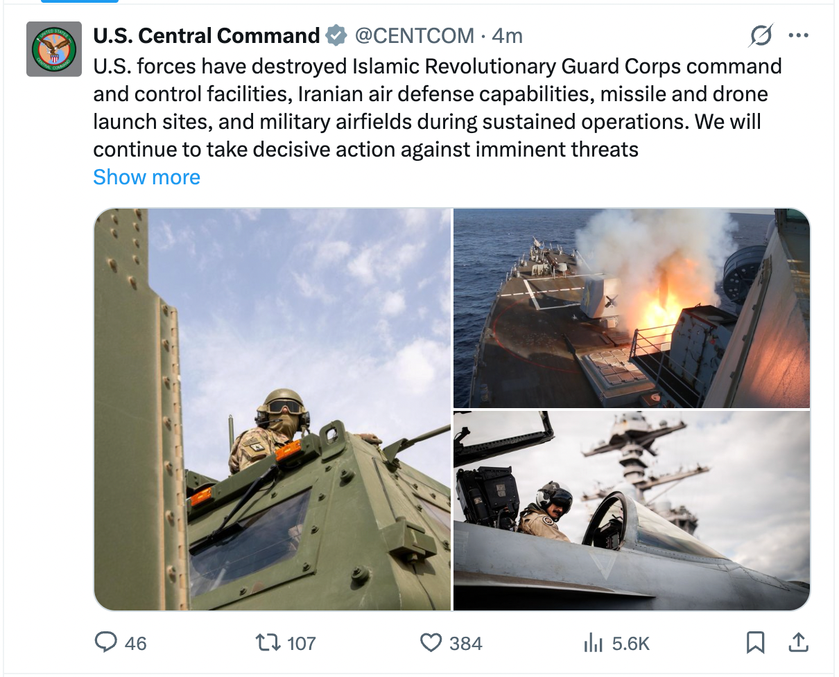 Tuyên bố của CENTCOM trên X