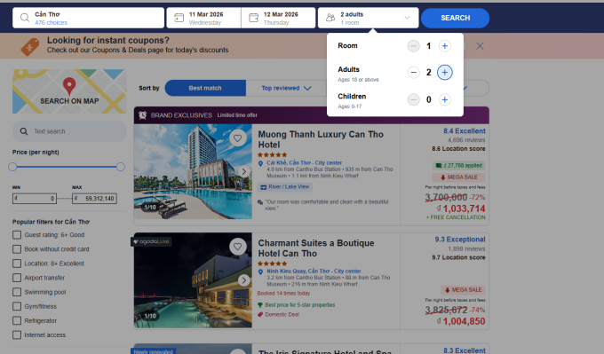 Nhiều người đi một mình vẫn ấn vào số 2 ở mục Room, phần tính số người lưu trú. Ảnh: Agoda