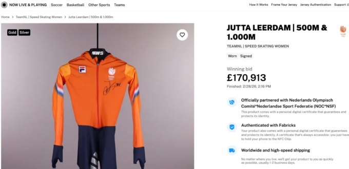 Bộ đồ thi đấu mà Jutta Leerdam mặc khi giành HC vàng Olympic mùa Đông 2026 được bán với giá kỷ lục. Ảnh: Sun