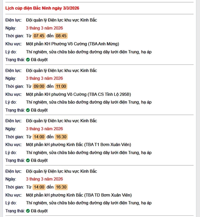 Tra cứu lịch cắt điện Bắc Ninh hôm nay Thứ 3 ngày 3/3/2026- Ảnh 1.
