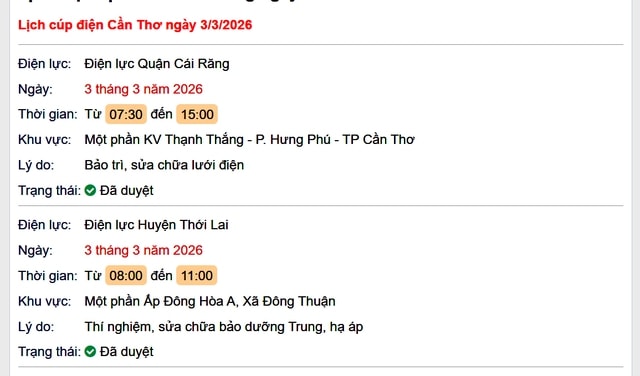 Tra cứu lịch cúp điện Cần Thơ hôm nay Thứ 3 ngày 3/3/2026- Ảnh 1.