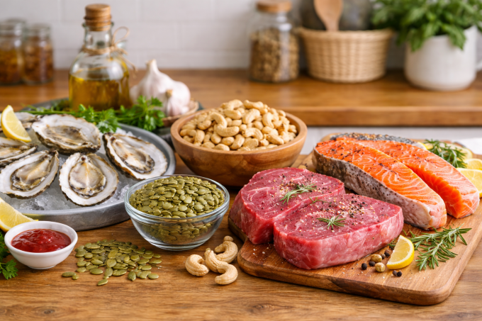 Kẽm là dưỡng chất quan trọng sản sinh testosterone, hỗ trợ sinh lý nam giới. Ảnh được tạo bởi AI