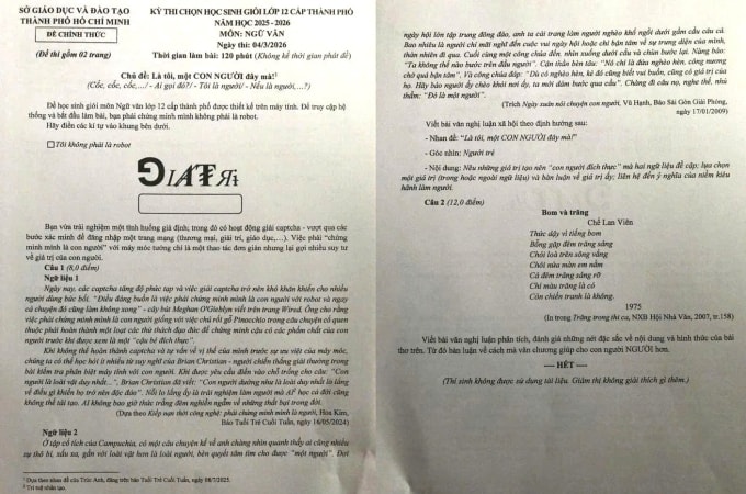 Đề thi học sinh giỏi Văn lớp 12 của TP HCM, kỳ thi ngày 4/3. Ảnh: Lam Thanh