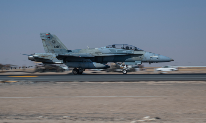 Tiêm kích F/A-18 Kuwait tại sân bay Ali Al Salem, căn cứ đồn trú của Mỹ ở Kuwait, hồi năm 2021. Ảnh: USAF