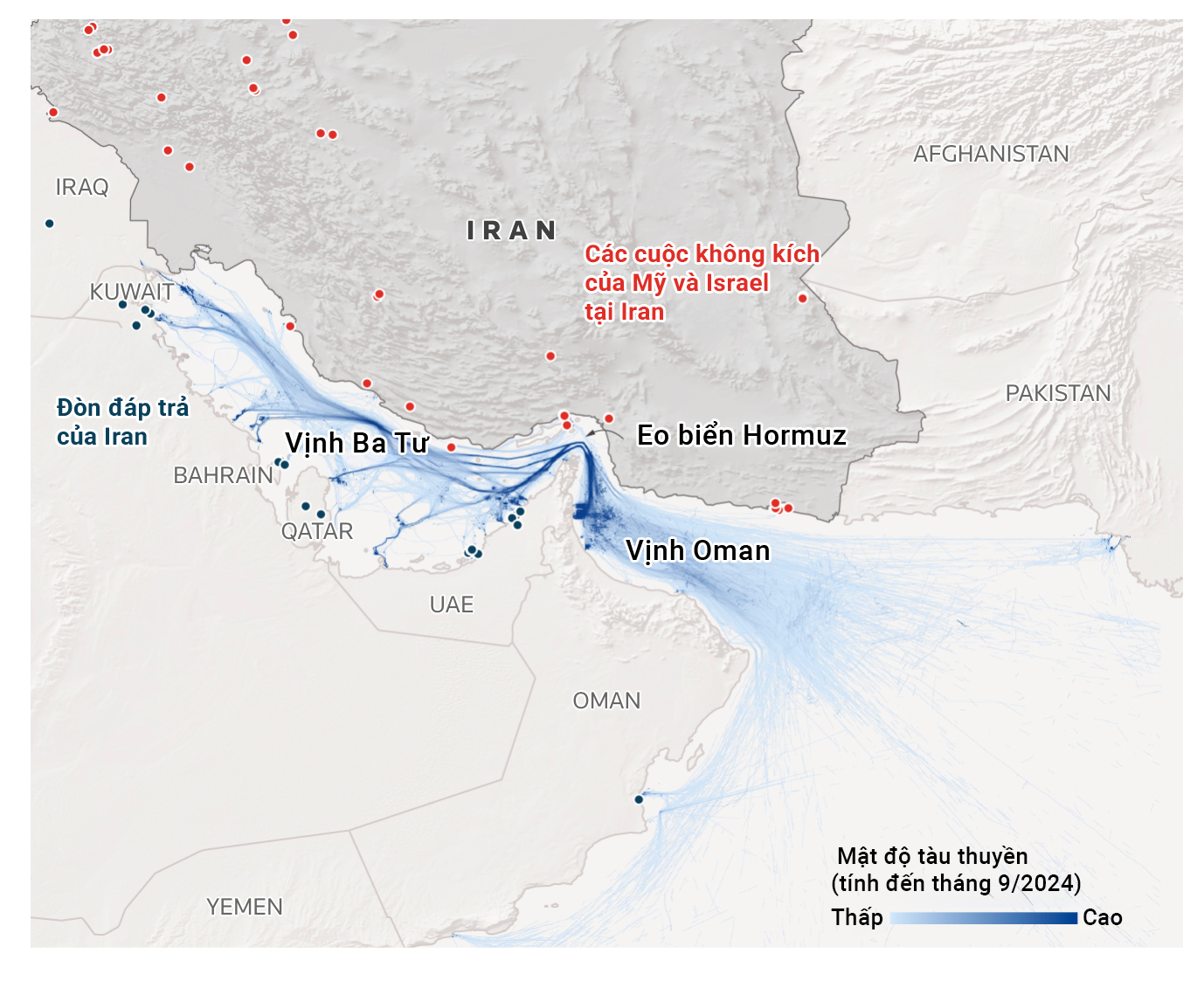 Vị trí eo biển Hormuz giữa các đòn tấn công qua lại của Israel và Mỹ vào Iran. (Nguồn: Reuters)