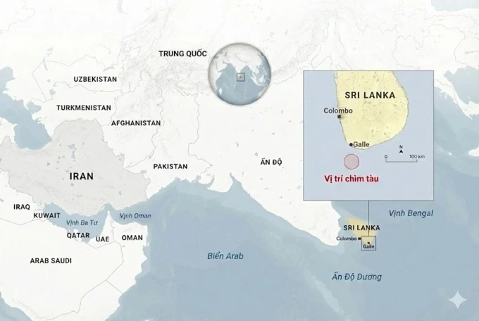 Vị trí tàu chiến Iran chìm ngoài khơi Sri Lanka. Đồ họa: Anadolu