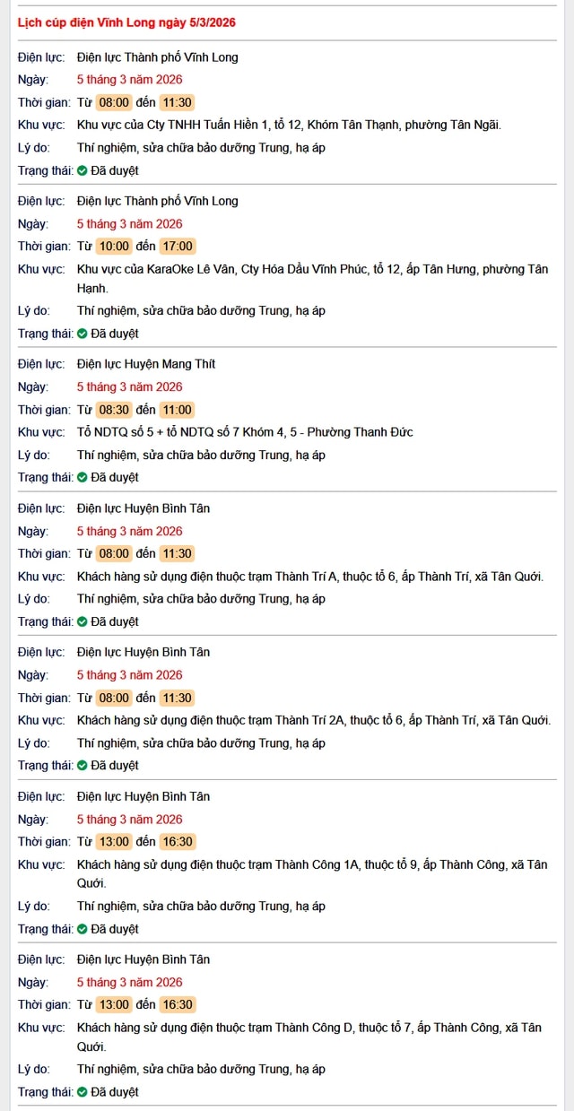 Tra cứu lịch cúp điện Vĩnh Long hôm nay Thứ 5 ngày 5/3/2026- Ảnh 1.