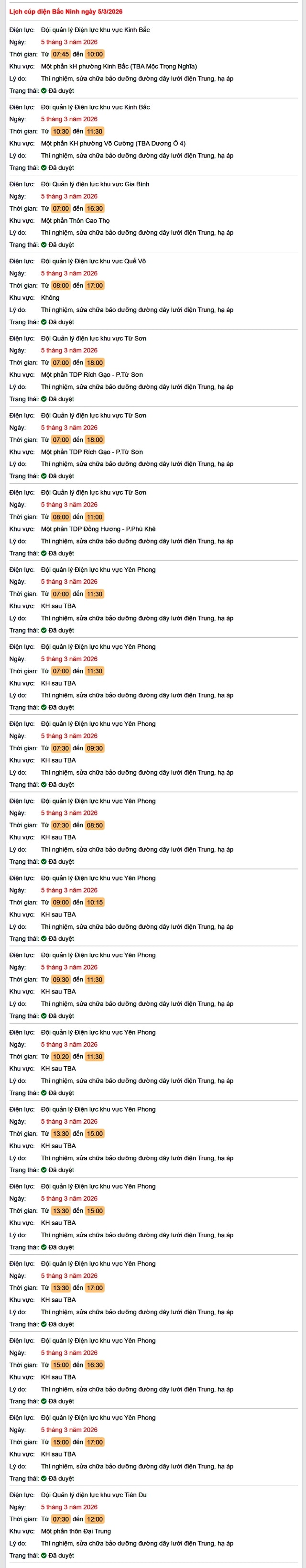 Tra cứu lịch cắt điện Bắc Ninh hôm nay Thứ 5 ngày 5/3/2026- Ảnh 1.