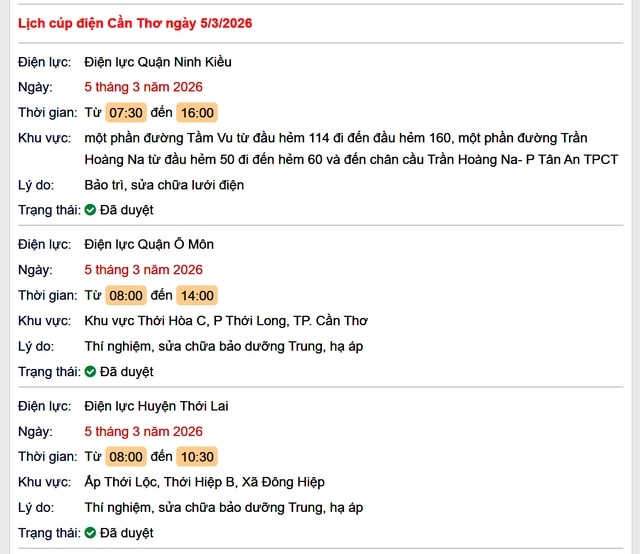 Tra cứu lịch cúp điện Cần Thơ hôm nay Thứ 5 ngày 5/3/2026- Ảnh 1.