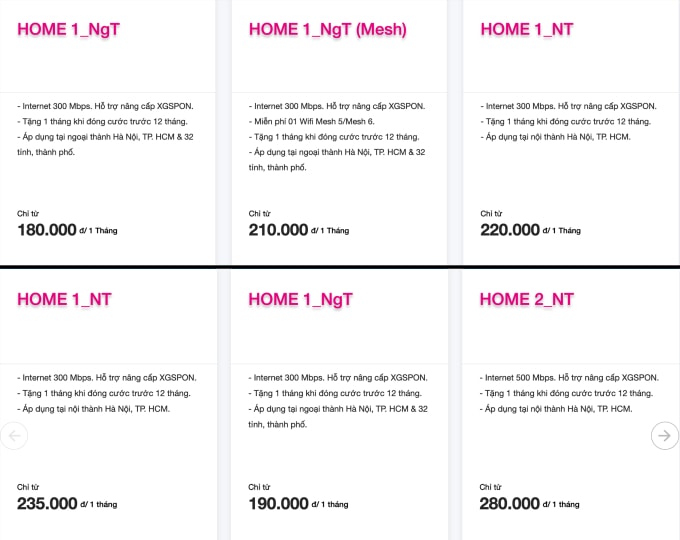 Giá thuê bao Internet tháng của một nhà mạng trước thay đổi (ảnh trên) và hiện tại. Ảnh chụp màn hình