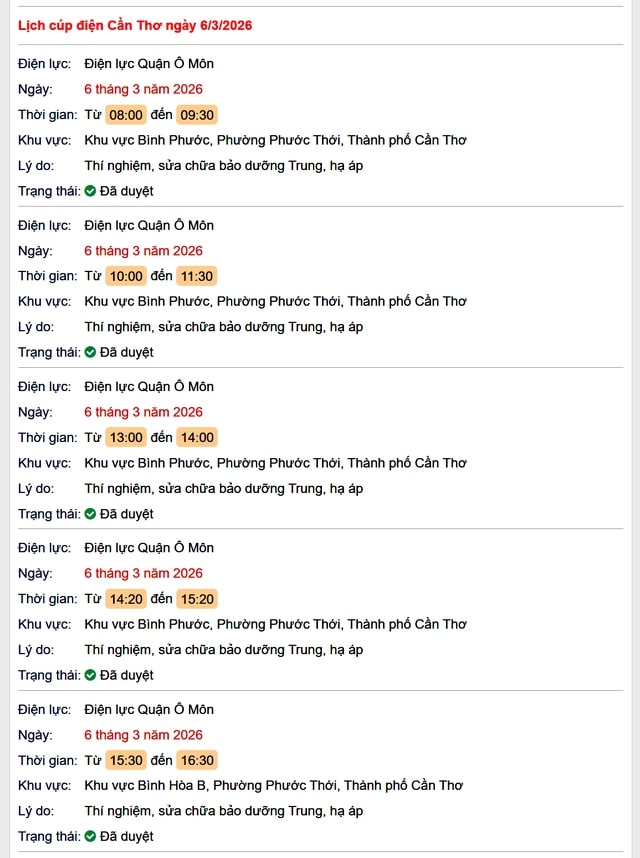 Tra cứu lịch cúp điện Cần Thơ hôm nay Thứ 6 ngày 6/3/2026- Ảnh 1.