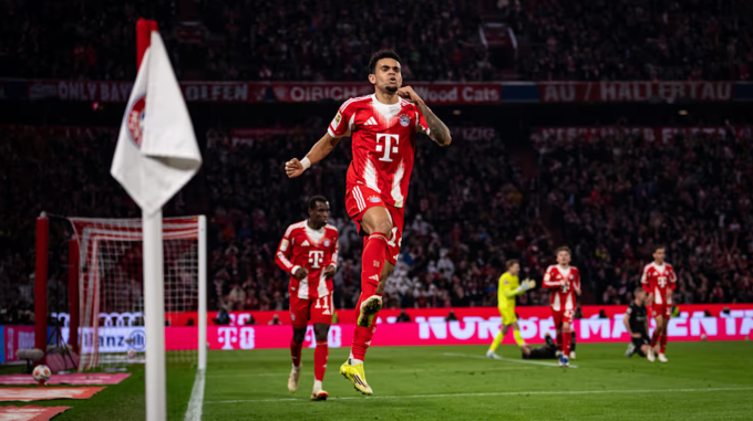 Luis Diaz mừng bàn trong trận Bayern thắng Gladbach 4-1 ở vòng 25 Bundesliga tại Allianz Arena, Munich, Đức ngày 6/3/2026. Ảnh: FC Bayern