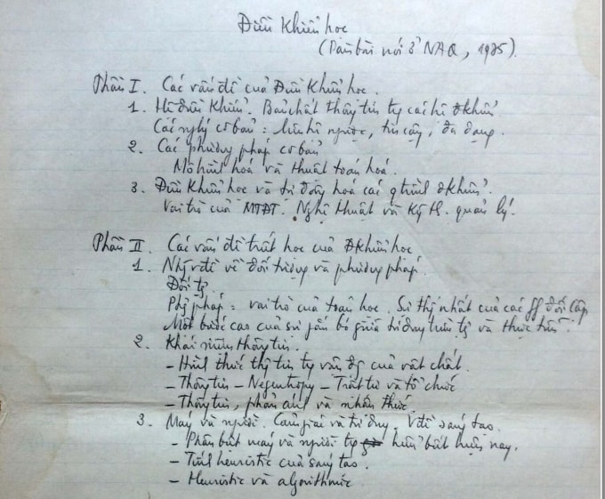 Dàn bài giảng của GS. Phan Đình Diệu năm 1975 tại Học viện Nguyễn Ái Quốc về Điều khiển học và các vấn đề Triết học. Ảnh tư liệu